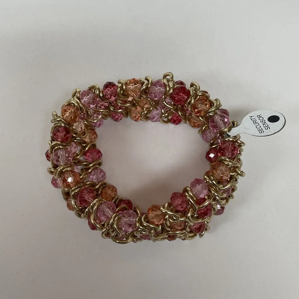 Pink Peach Gold-tone Beads Beaded Women's Fashion Stretch Chain Bracelet NWOT